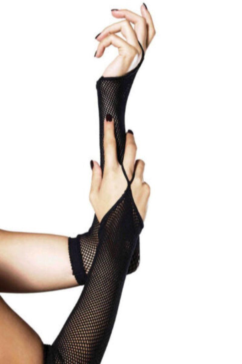 Black Fishnet Arm Warmer Finger Loop Gloves - AMIClubwear