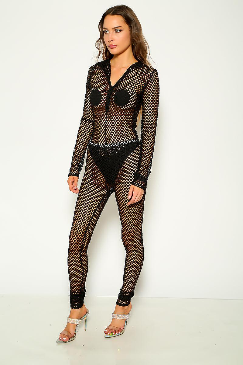Black Fishnet Cut Out 2 Pc Bodysuit & Leggings - AMIClubwear