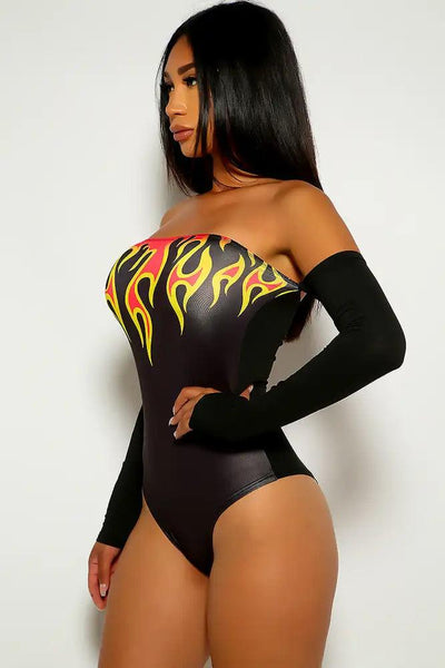 Black Flame Print Off The Shoulder Bodysuit - AMIClubwear