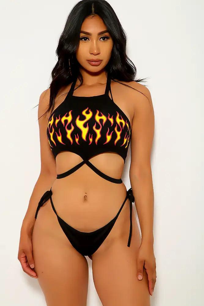 Black Flame Print Strappy Swimsuit Set - AMIClubwear