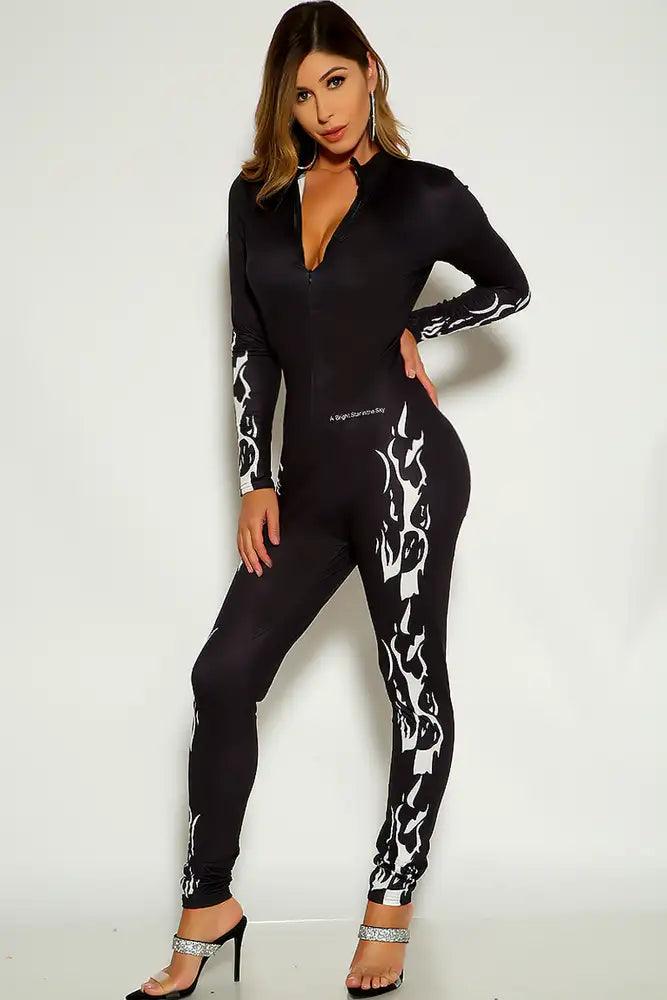 Black Flames Print Long Sleeve Front Zipper Jumpsuit - AMIClubwear