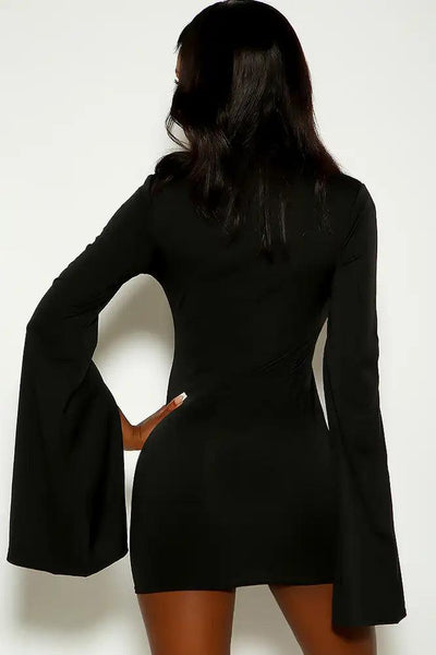Black Flared Long Sleeve Mock Neck Side Slit Party Dress - AMIClubwear