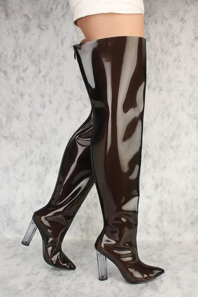 Black Flared Pointy Toe Clear Chunky Heel Thigh High Boots Patent - AMIClubwear