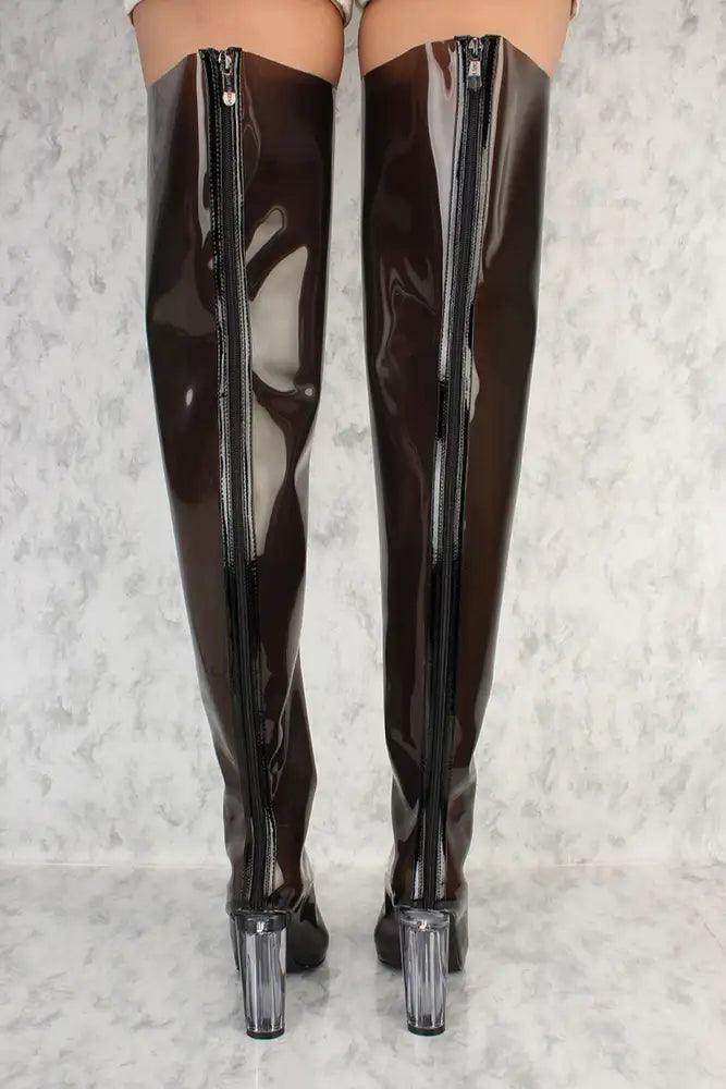 Black Flared Pointy Toe Clear Chunky Heel Thigh High Boots Patent - AMIClubwear