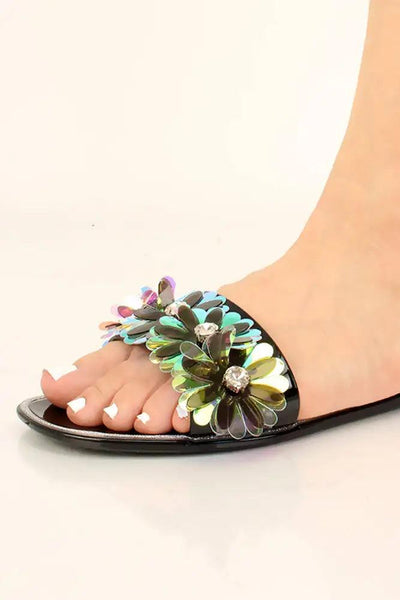 Black Floral Accent Rhinestone Sandals - AMIClubwear