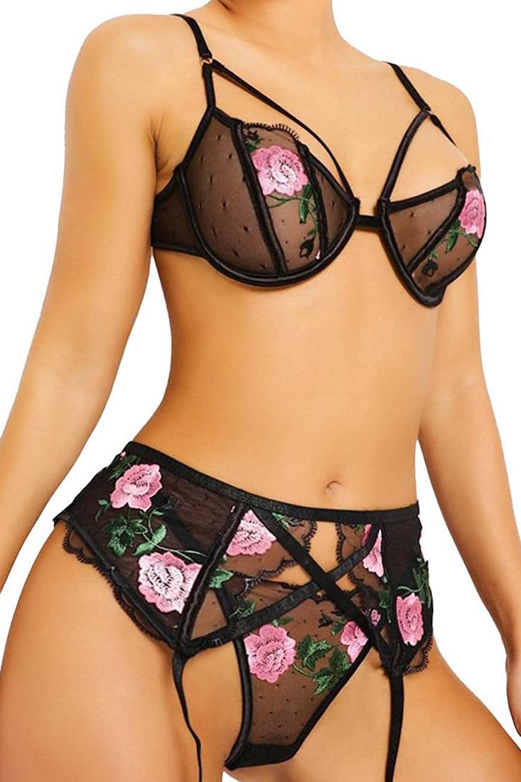 Black Floral Embroidered Caged Three Piece Lingerie - AMIClubwear