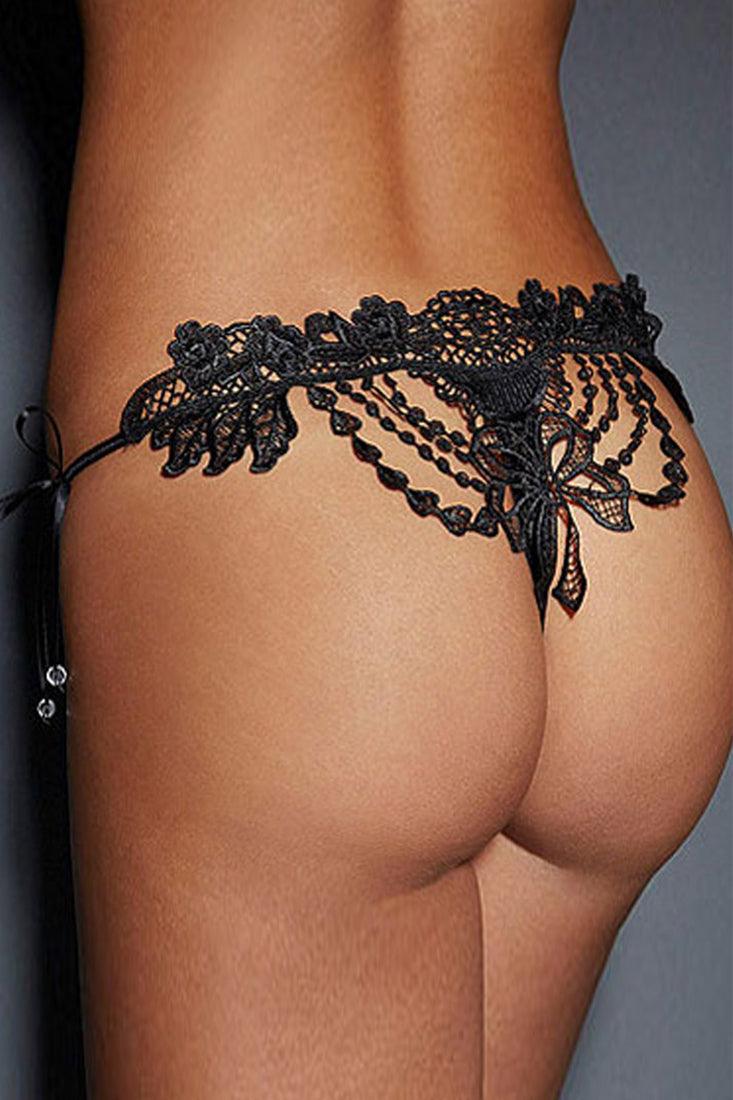 Black Floral Embroidered Mesh Cheeky Thong - AMIClubwear