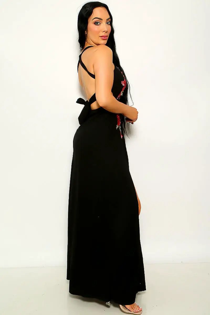 Black Floral Embroidery Slit Maxi Party Dress