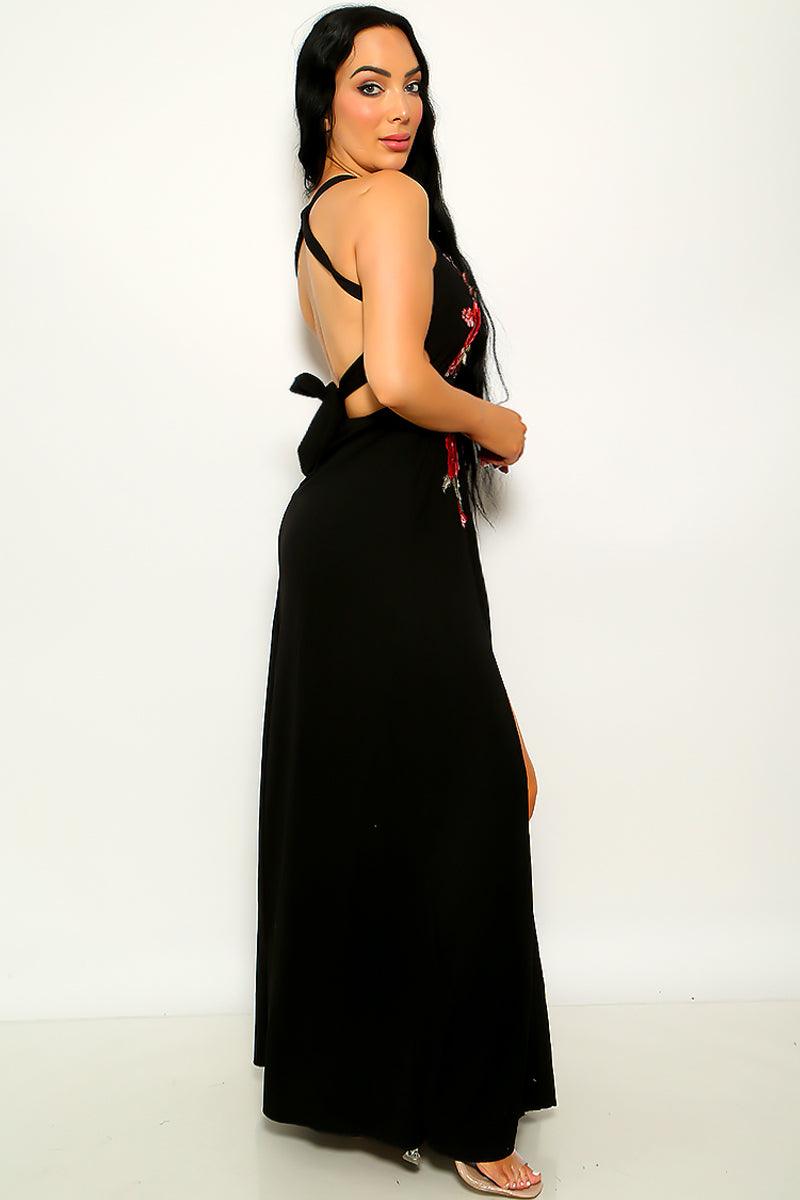 Black Floral Embroidery Slit Maxi Party Dress - AMIClubwear