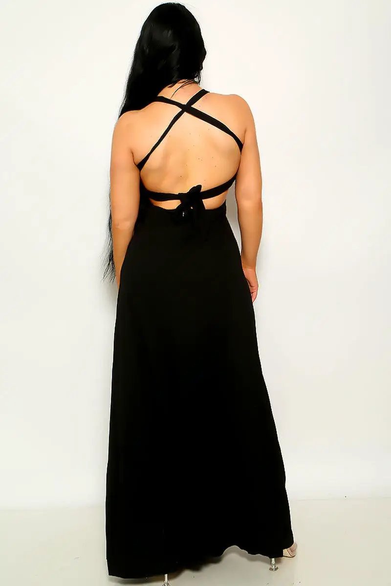 Black Floral Embroidery Slit Maxi Party Dress