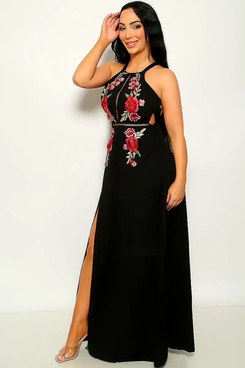 Black Floral Embroidery Slit Maxi Party Dress
