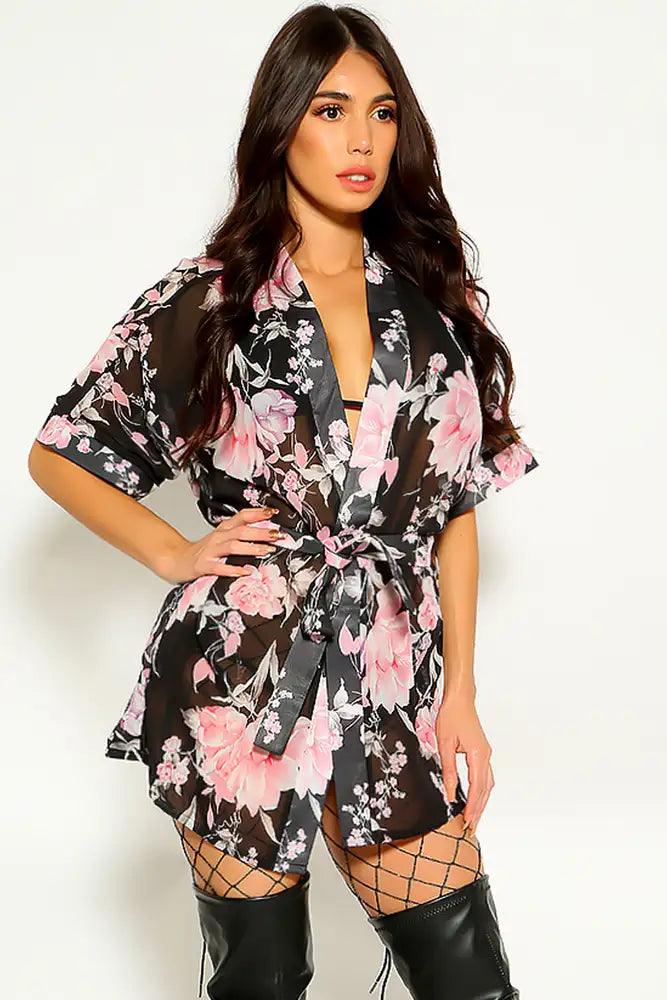 Black Floral Kimono Two Piece Costume - AMIClubwear