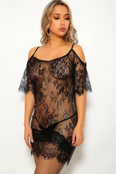 Black Floral Lace Bare Shoulder Nightgown Lingerie - AMIClubwear