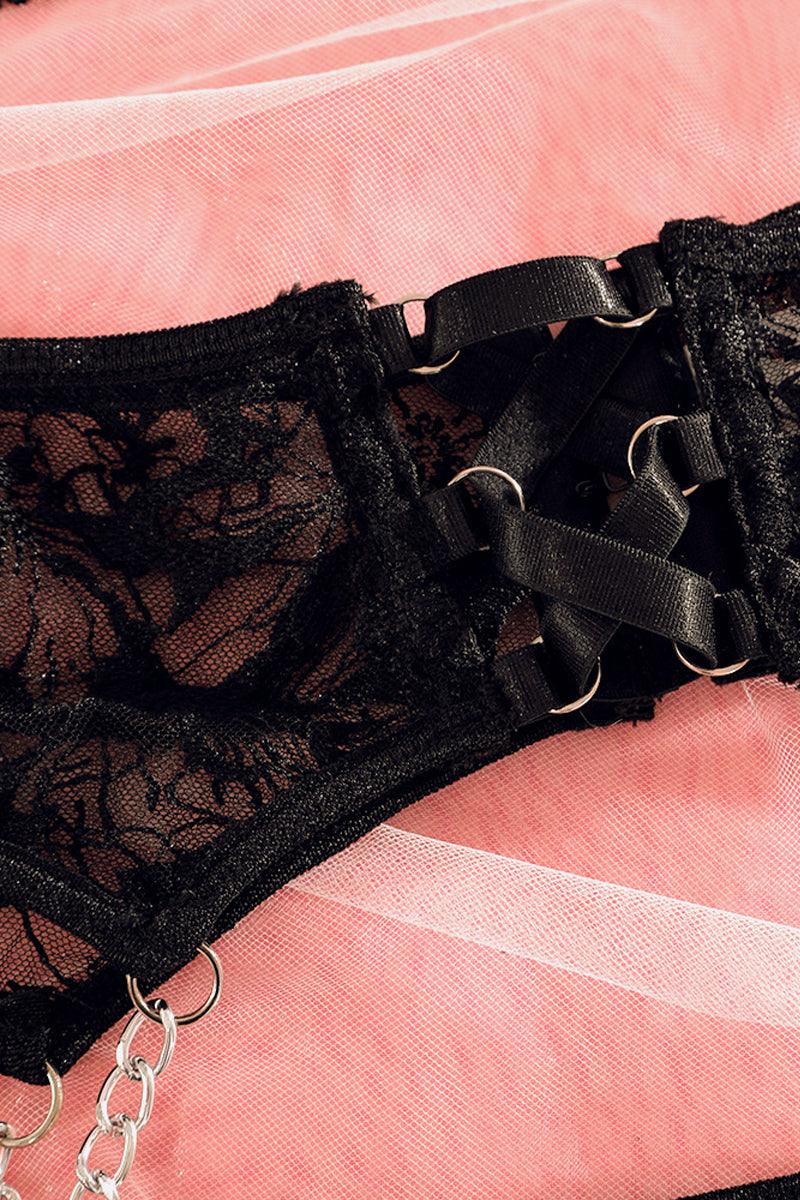Black Floral Lace Chain Accent Garter Underwire Lingerie Set - AMIClubwear