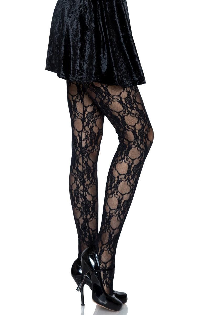 Black Floral Lace Embroidered Tights - AMIClubwear