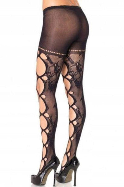 Black Floral Lace Jumbo Net Front Detail Pantyhose - AMIClubwear