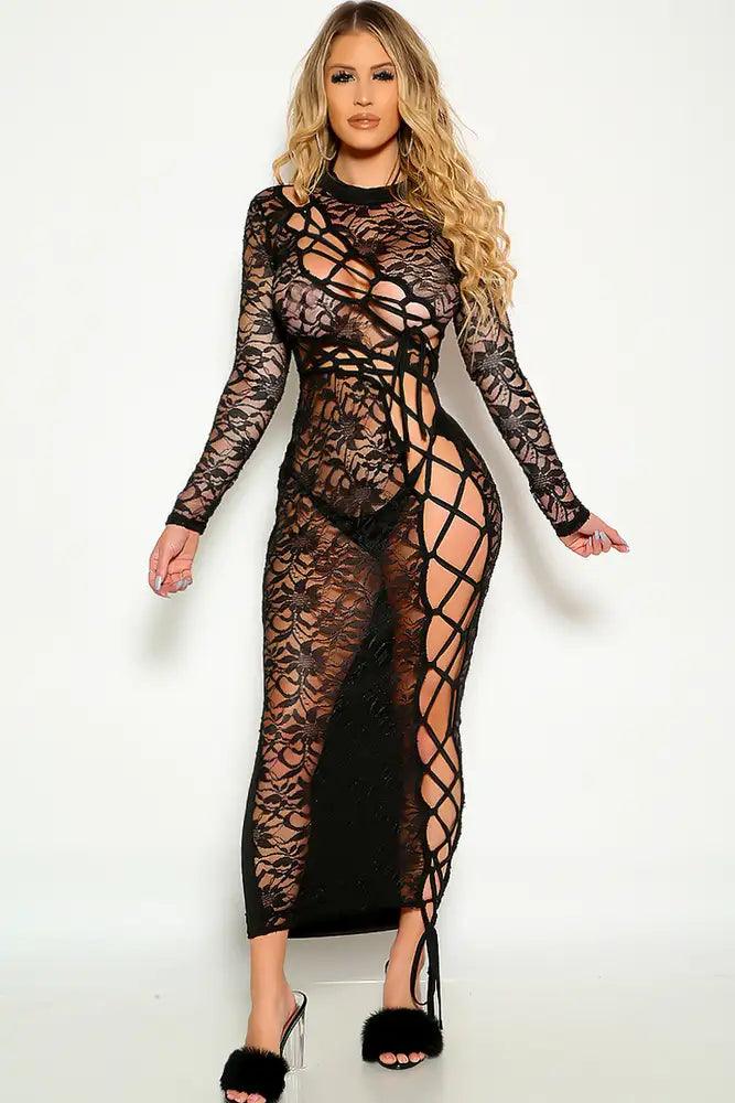 Black Floral Lace Long sleeve Lace Up Party Maxi Dress - AMIClubwear