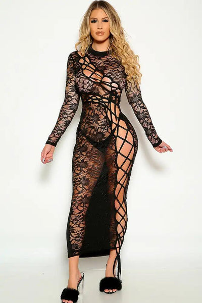 Black Floral Lace Long sleeve Lace Up Party Maxi Dress - AMIClubwear