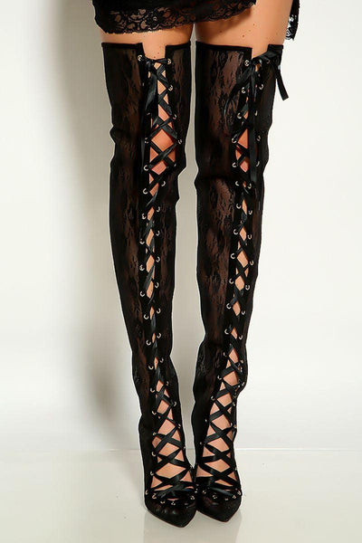 Black Floral Lace Mesh Lace Up Pointy Toe Thigh High Heels Boots - AMIClubwear