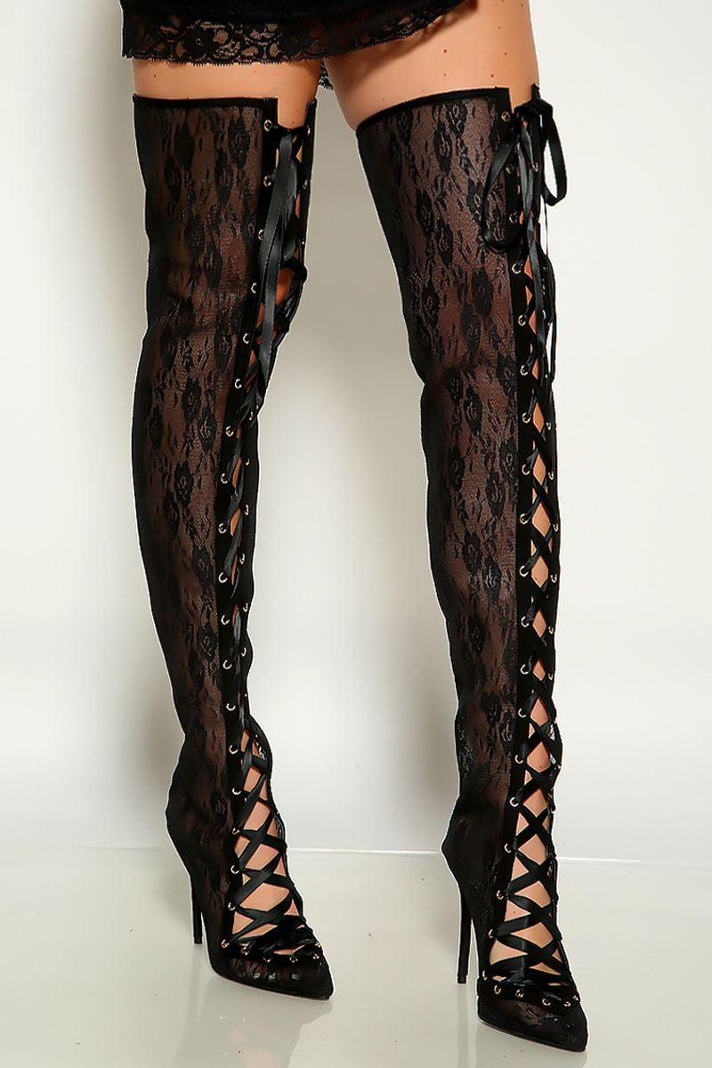 Black Floral Lace Mesh Lace Up Pointy Toe Thigh High Heels Boots - AMIClubwear