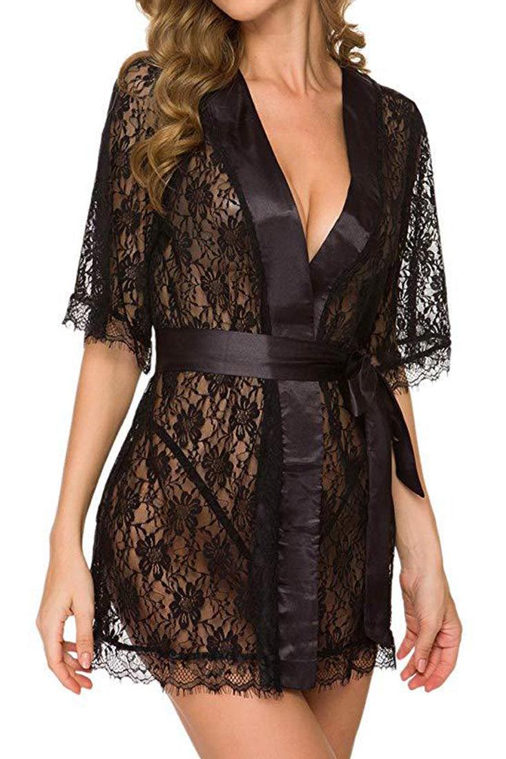 Black Floral Lace Mid Sleeve Lingerie Robe 3 Pc Set - AMIClubwear