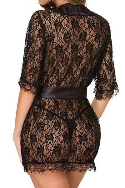 Black Floral Lace Mid Sleeve Lingerie Robe 3 Pc Set - AMIClubwear