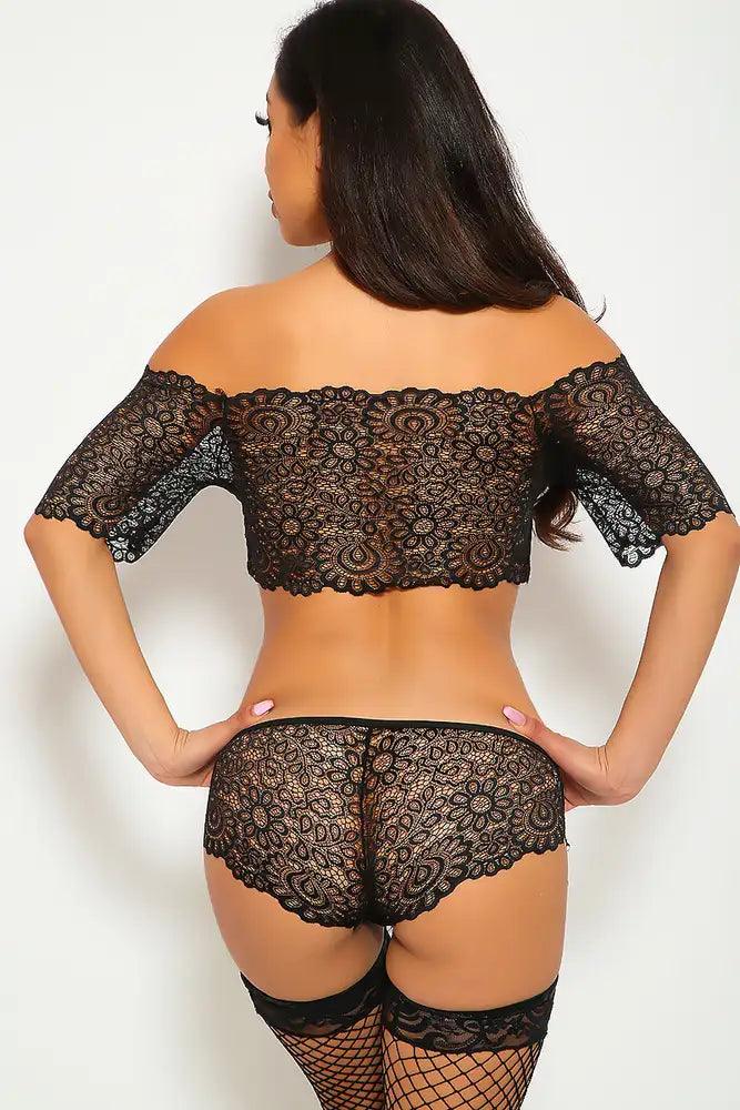 Black Floral Lace Off Shoulder Two Piece Undergarment 2pc Set - AMIClubwear