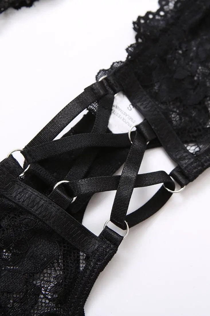 Black Floral Lace Silver Chain Accent Sexy Lingerie 5 Pc Set A788