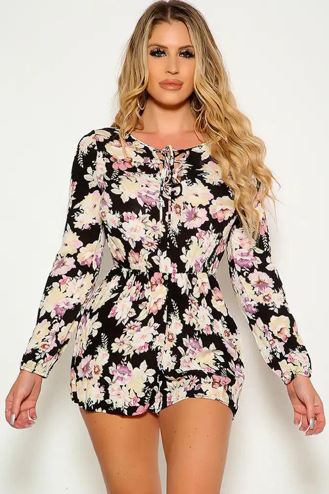 Black Floral Long Sleeve Front Lace Up Romper - AMIClubwear