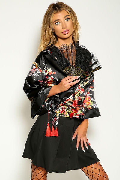 Black Floral Long Sleeve Kimono Two Piece Costume - AMIClubwear