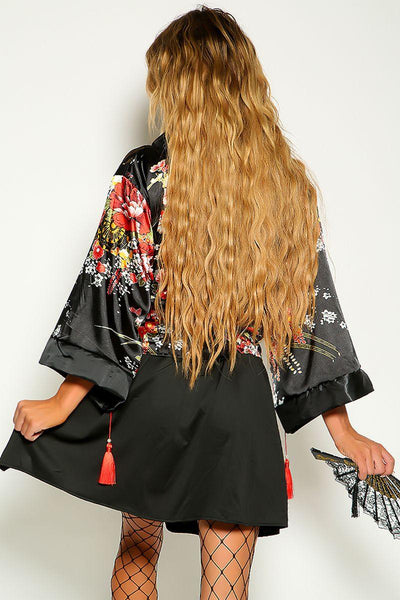 Black Floral Long Sleeve Kimono Two Piece Costume - AMIClubwear