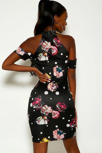 Black Floral Mock Neck Off The Shoulder Party Dress - AMIClubwear