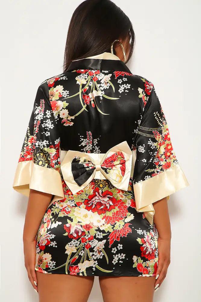 Black Floral Print 3 Piece Kimono Costume - AMIClubwear