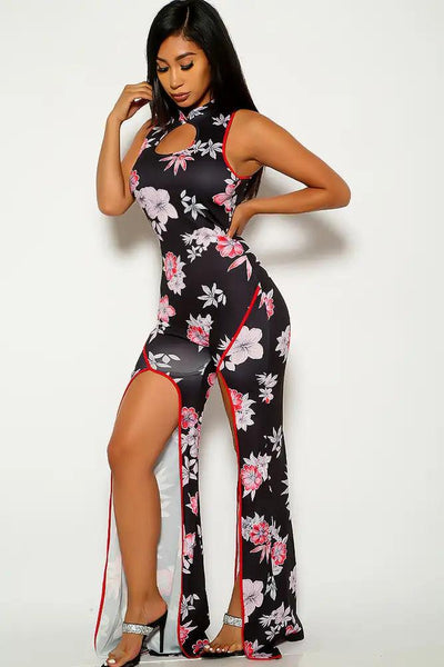 Black Floral Print Cut Out Jumpsuit - AMIClubwear