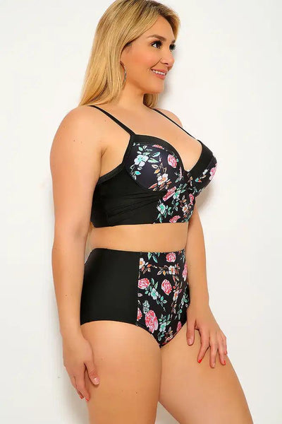 Black Floral Print Plus Size Two Piece Swimsuit - AMIClubwear