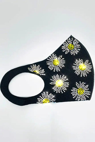 Black Floral Print Rhinestone Face Mask - AMIClubwear