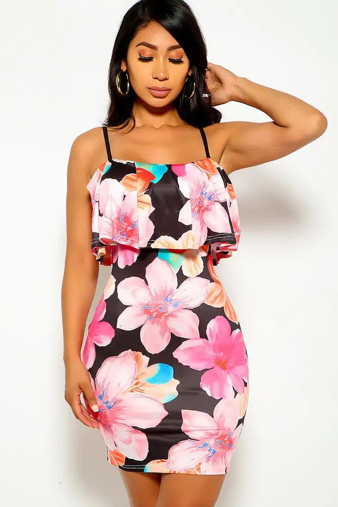 Black Floral Print Ruffled Dress - AMIClubwear