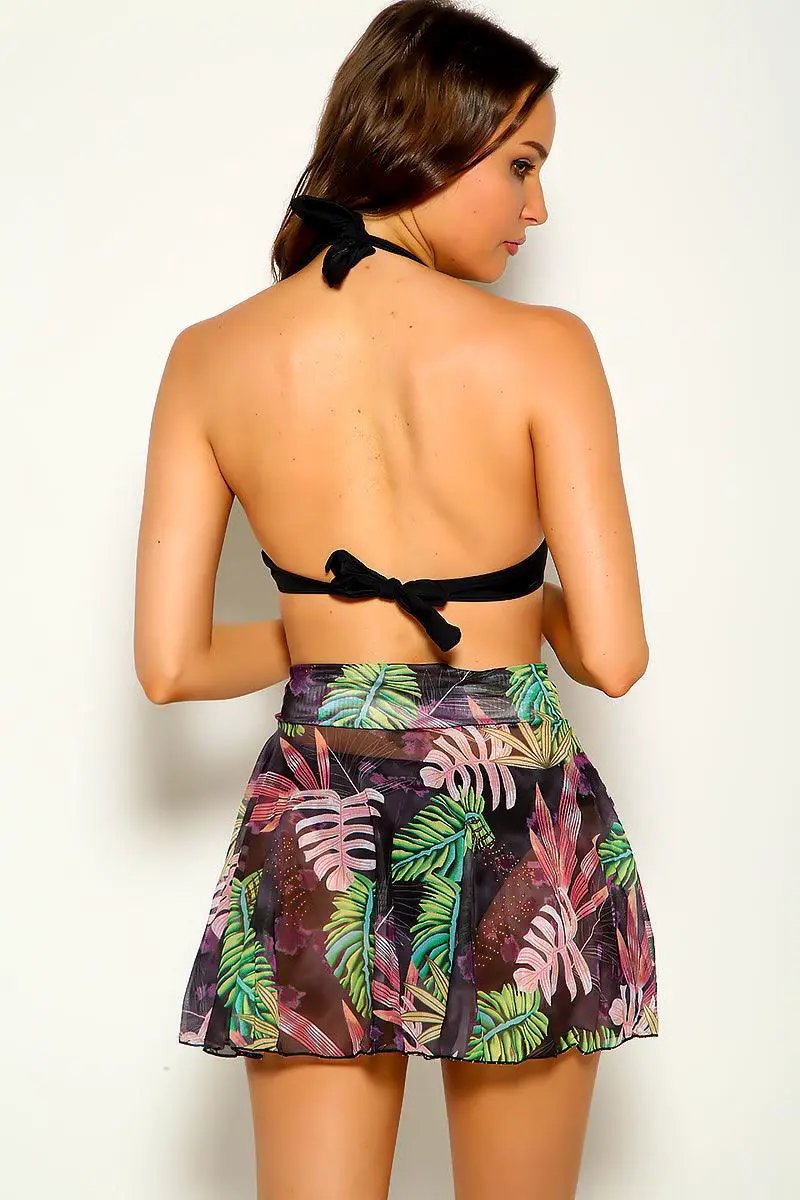 Black Floral Print Sexy Three Piece Swimsuit