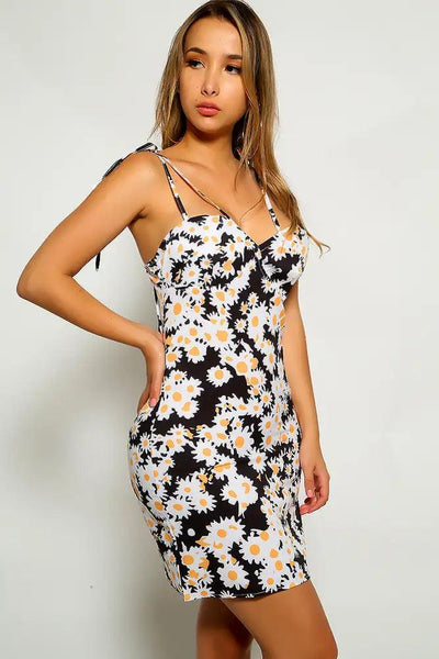 Black Floral Print Strappy Party Dress - AMIClubwear