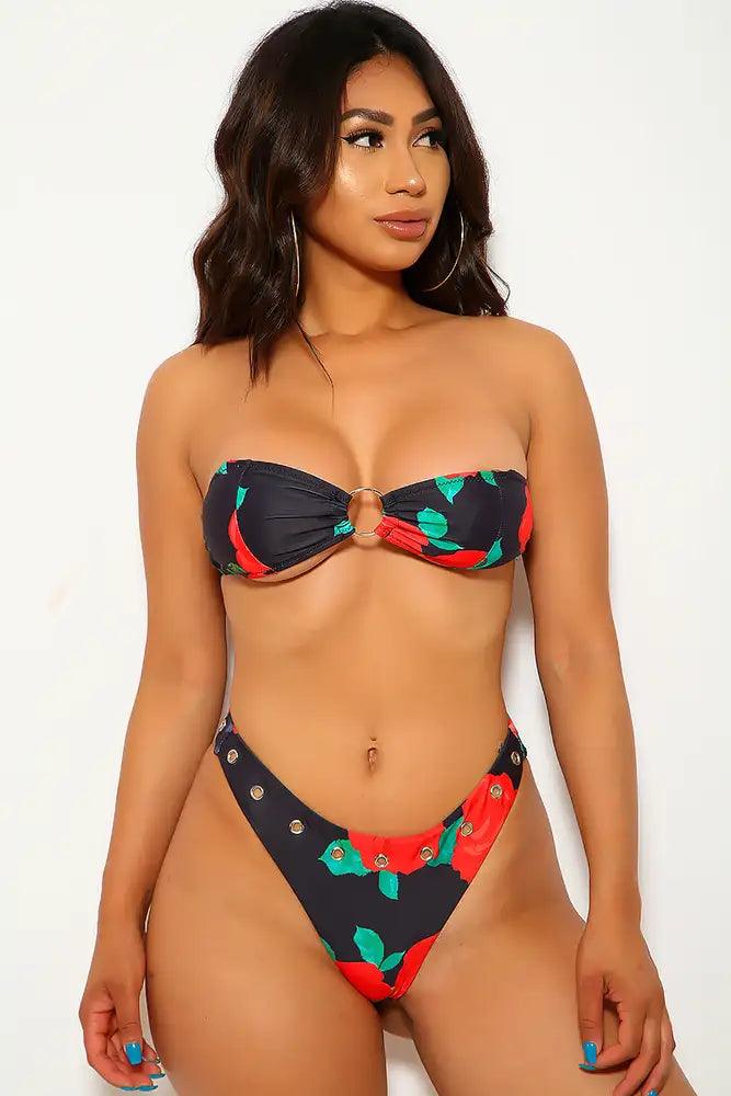 Black Floral Print Two Piece Swimsuit - AMIClubwear