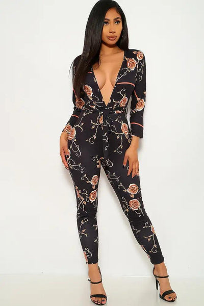 Black Floral Printed Long Sleeve Plus Size Jumpsuit - AMIClubwear