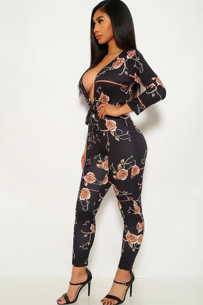 Black Floral Printed Long Sleeve Plus Size Jumpsuit - AMIClubwear