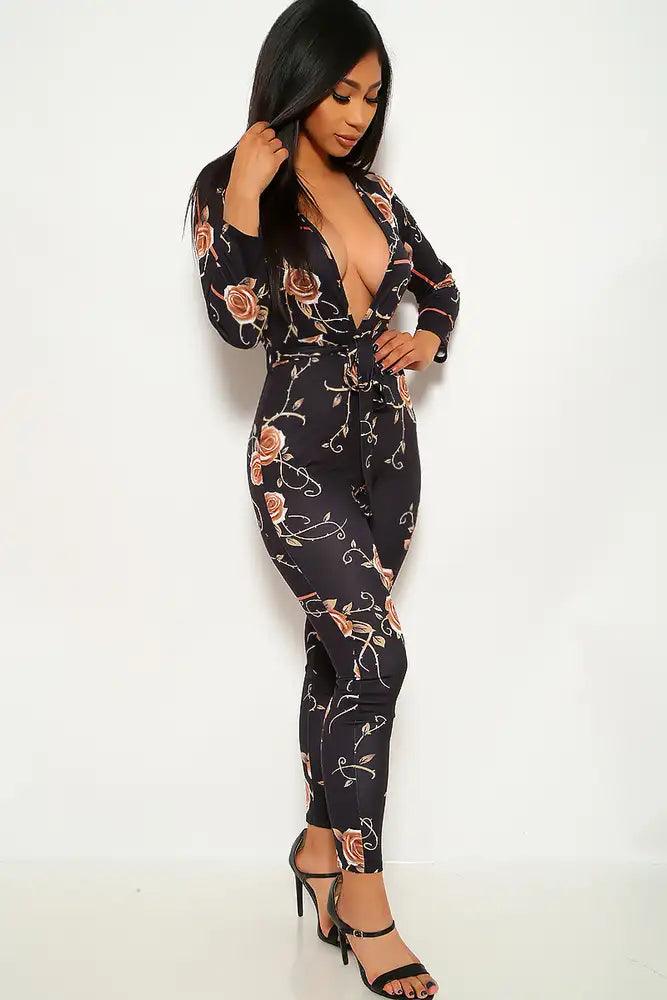 Black Floral Printed Long Sleeve Plus Size Jumpsuit - AMIClubwear