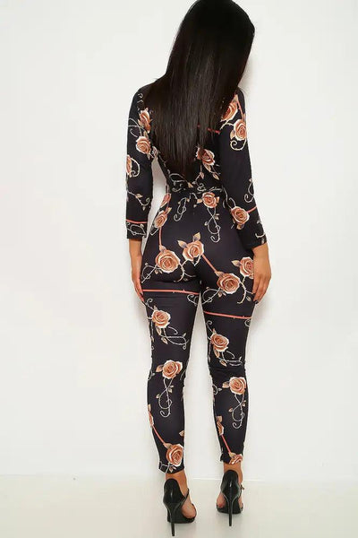 Black Floral Printed Long Sleeve Plus Size Jumpsuit - AMIClubwear