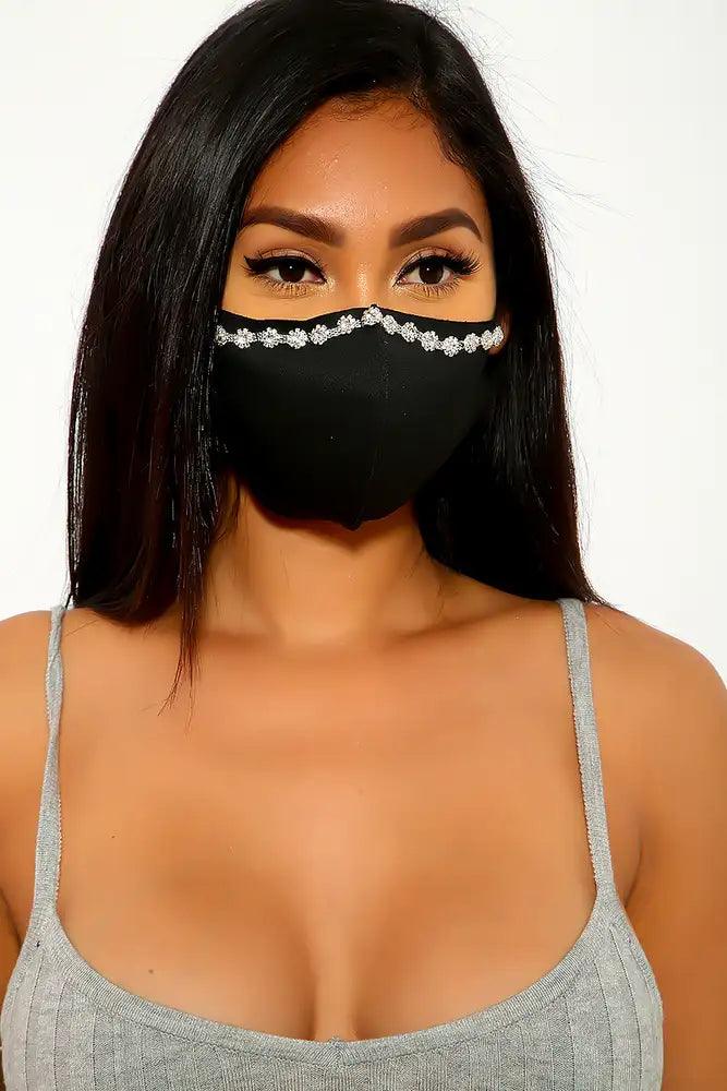 Black Floral Rhinestone Face Mask - AMIClubwear