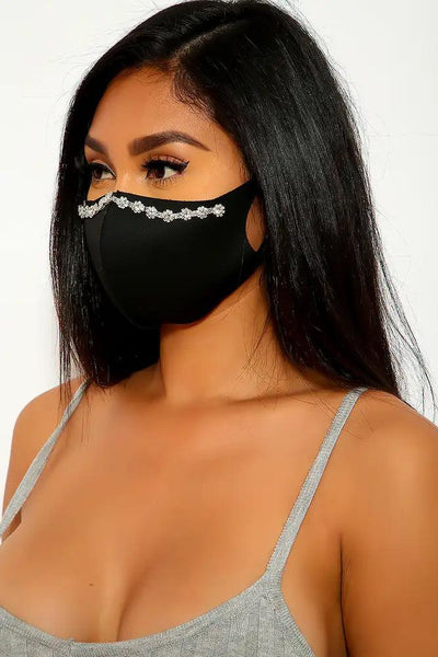 Black Floral Rhinestone Face Mask - AMIClubwear