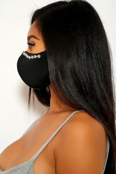 Black Floral Rhinestone Face Mask - AMIClubwear