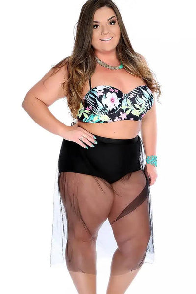 Black Floral Ruched Halter High Waist Mesh Skirt  Two Piece Swimsuit Plus - AMIClubwear