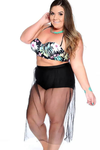 Black Floral Ruched Halter High Waist Mesh Skirt  Two Piece Swimsuit Plus - AMIClubwear