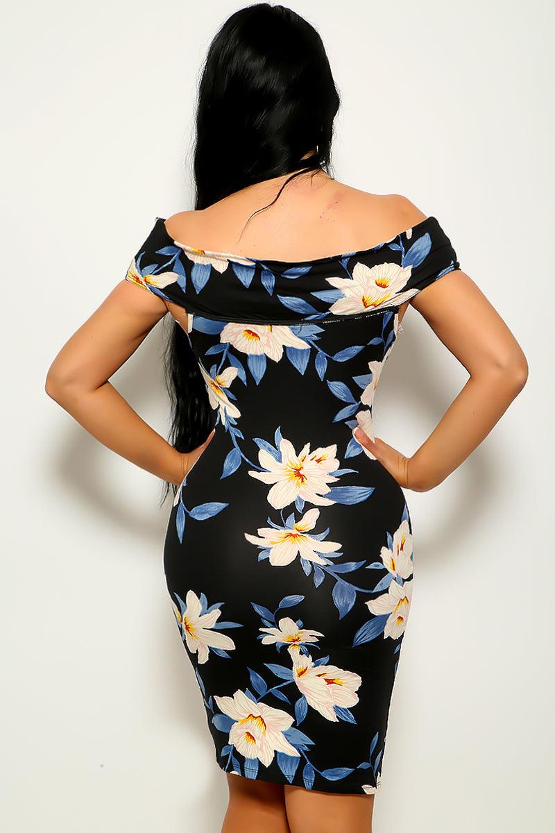 Black Floral Ruffle Off Shoulder Dress - AMIClubwear